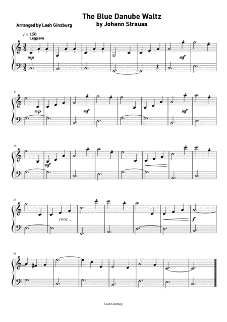 The Blue Danube Waltz by Johann Strauss Easy Piano Version (arr. Leah Ginzburg)