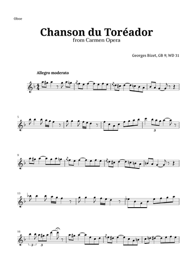 Chanson du Toreador by Bizet for Oboe (arr. Langanho)