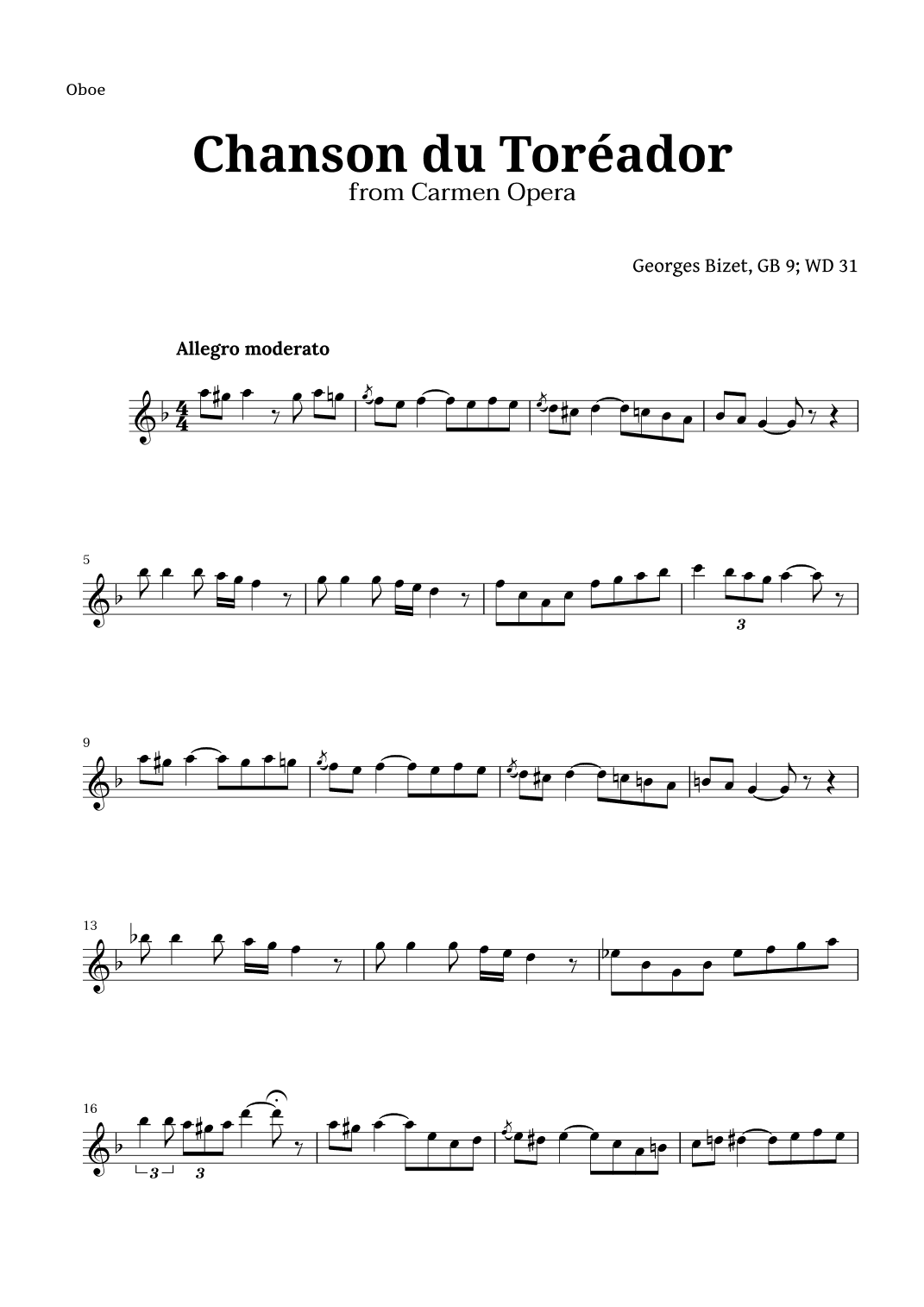 Chanson du Toreador by Bizet for Oboe (arr. Langanho)