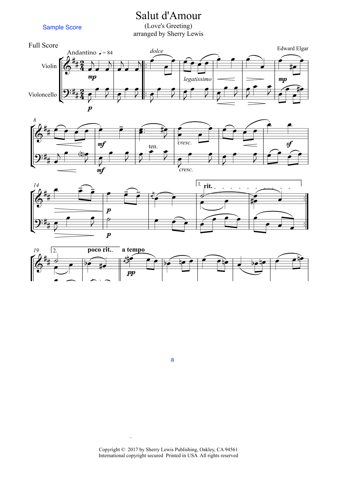 Salut d'Amour for Violin and Cello Duo (arr. Sherry Lewis)
