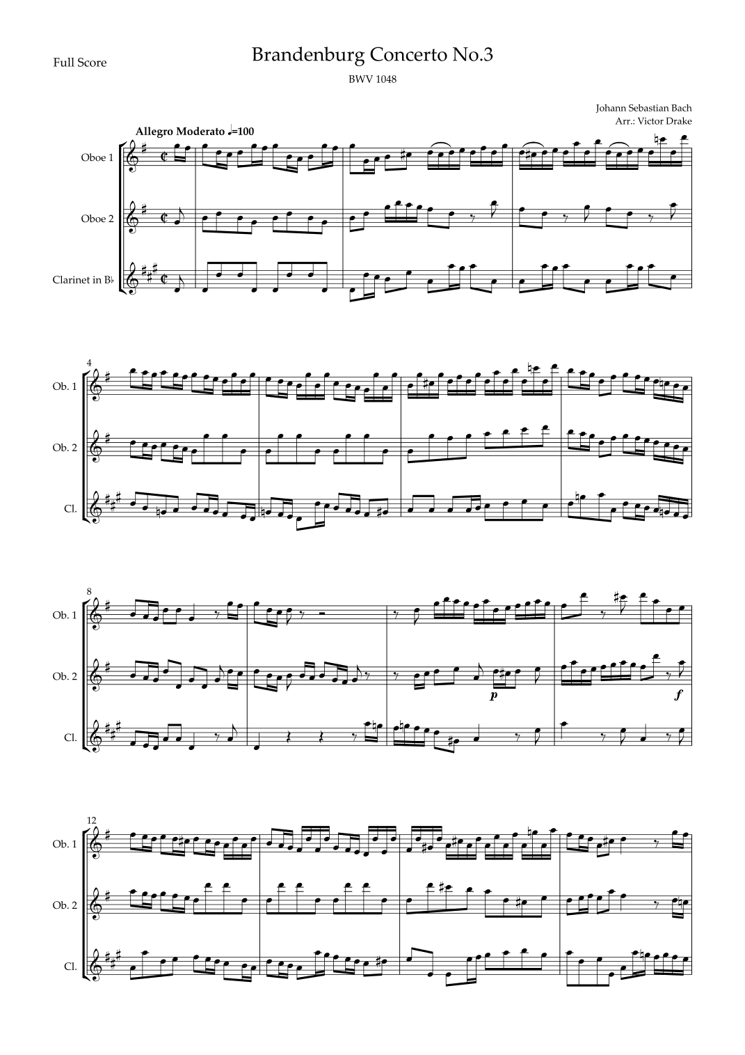 Brandenburg Concerto No. 3 in G major, BWV 1048 1st Mov. (J.S. Bach) for Woodwind Trio (arr. Victor Drake)