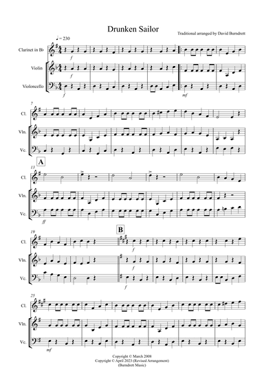Drunken Sailor for Clarinet, Violin and Cello Trio (arr. David Burndrett)