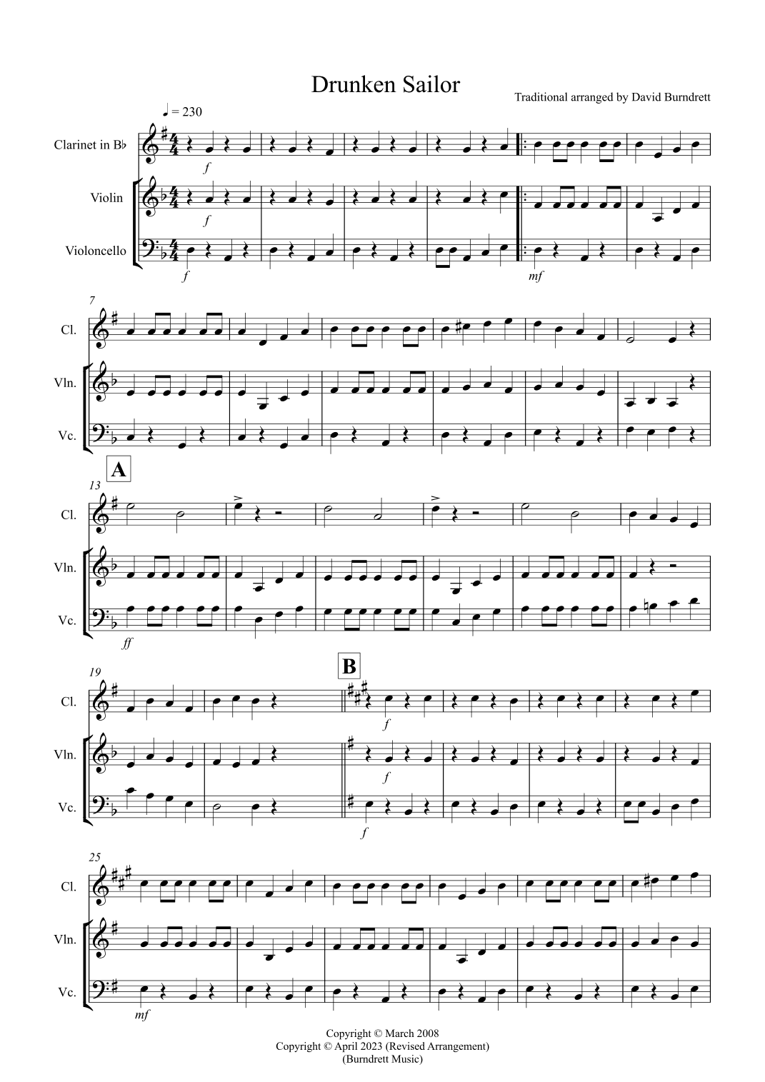Drunken Sailor for Clarinet, Violin and Cello Trio (arr. David Burndrett)