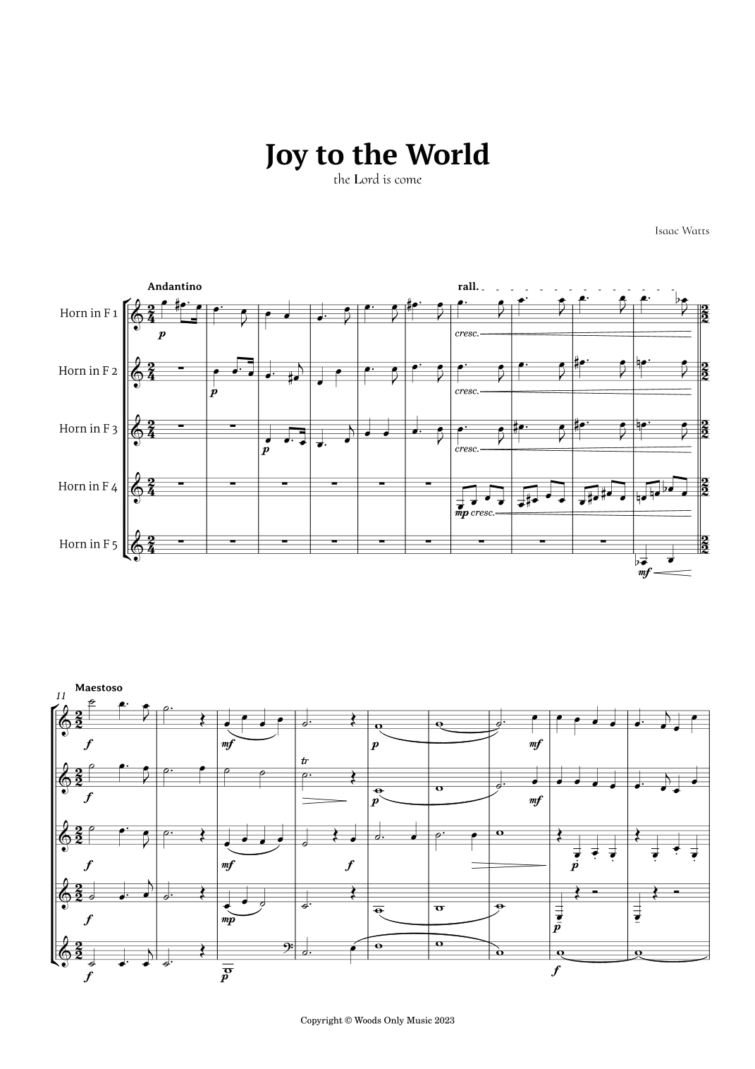 Joy to the World by for French Horn Quintet (arr. Ander)