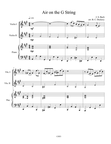 Air on the G String for Violin Duet with optional piano accompaniment (arr. B. C. Dockery)