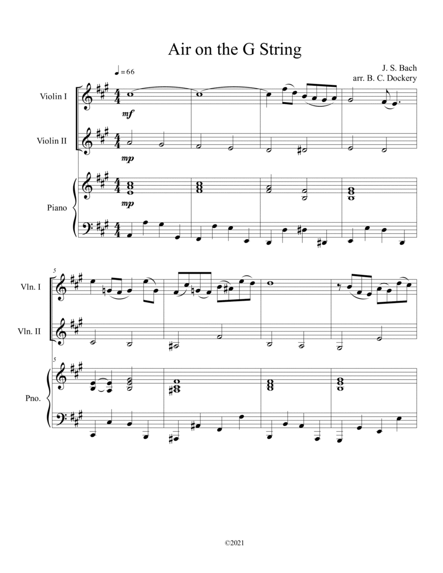 Air on the G String for Violin Duet with optional piano accompaniment (arr. B. C. Dockery)