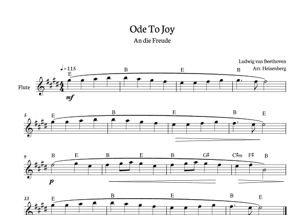 Beethoven - Ode To Joy for flute in E with chords (Lyrics in English) (arr. Heisenberg)