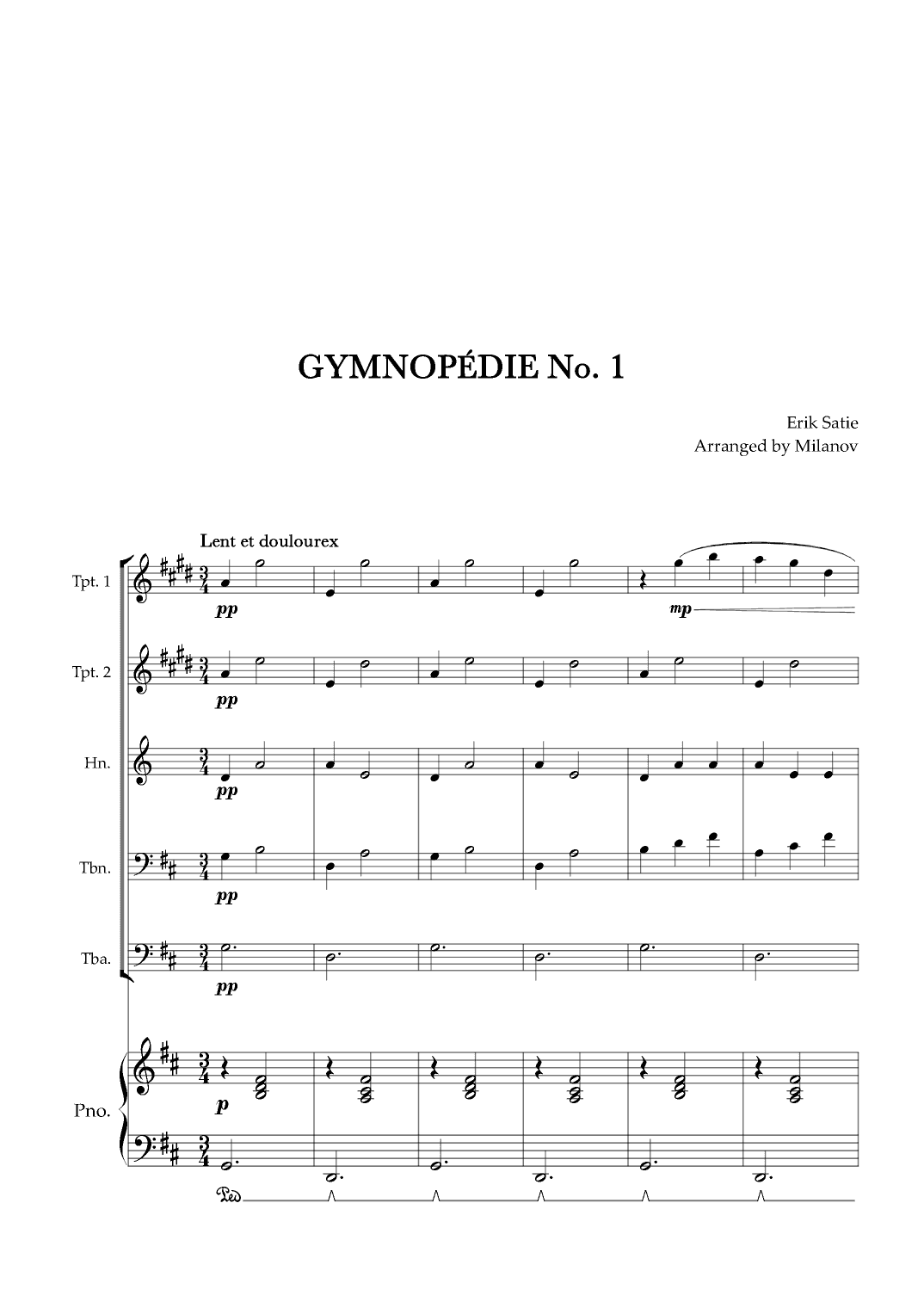 Gymnopédie no 1 | Brass Quintet | Original Key| Piano accompaniment |Easy intermediate (arr. Milanov)