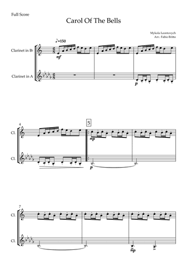 Carol Of The Bells (Mykola Leontovych) for Clarinet in Bb & Clarinet in A Duo (arr. Fabio Britto)