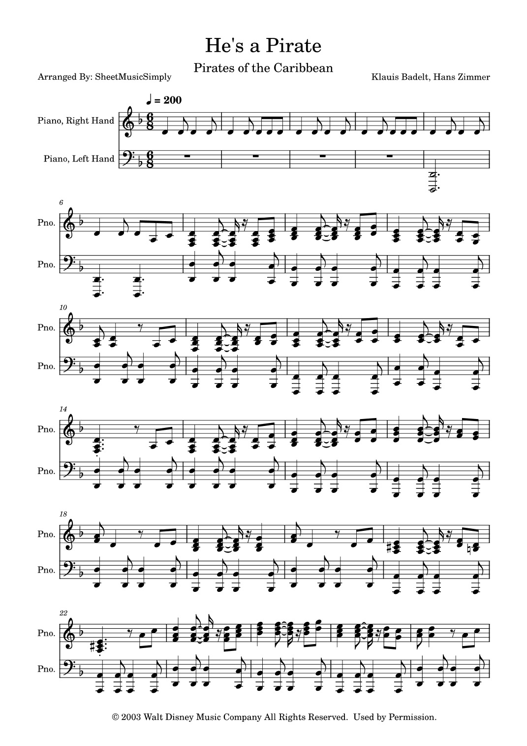 He's A Pirate (arr. SheetMusicSimply)