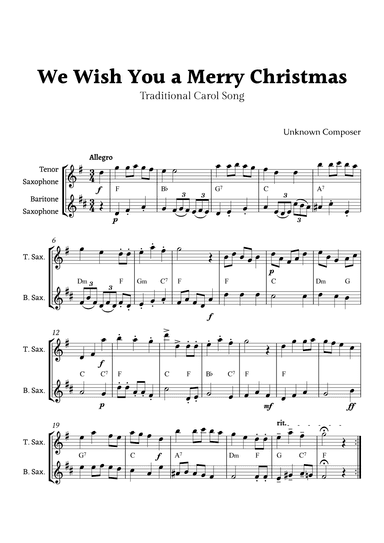 We Wish you a Merry Christmas for Tenor Sax and Baritone Sax Duet with Chords (arr. Rika K.)