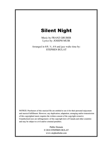 Silent Night - Lead sheet arranged in 6/8, 3/4, 4/4 and jazz waltz time (key of C) (arr. Stephen Bulat)