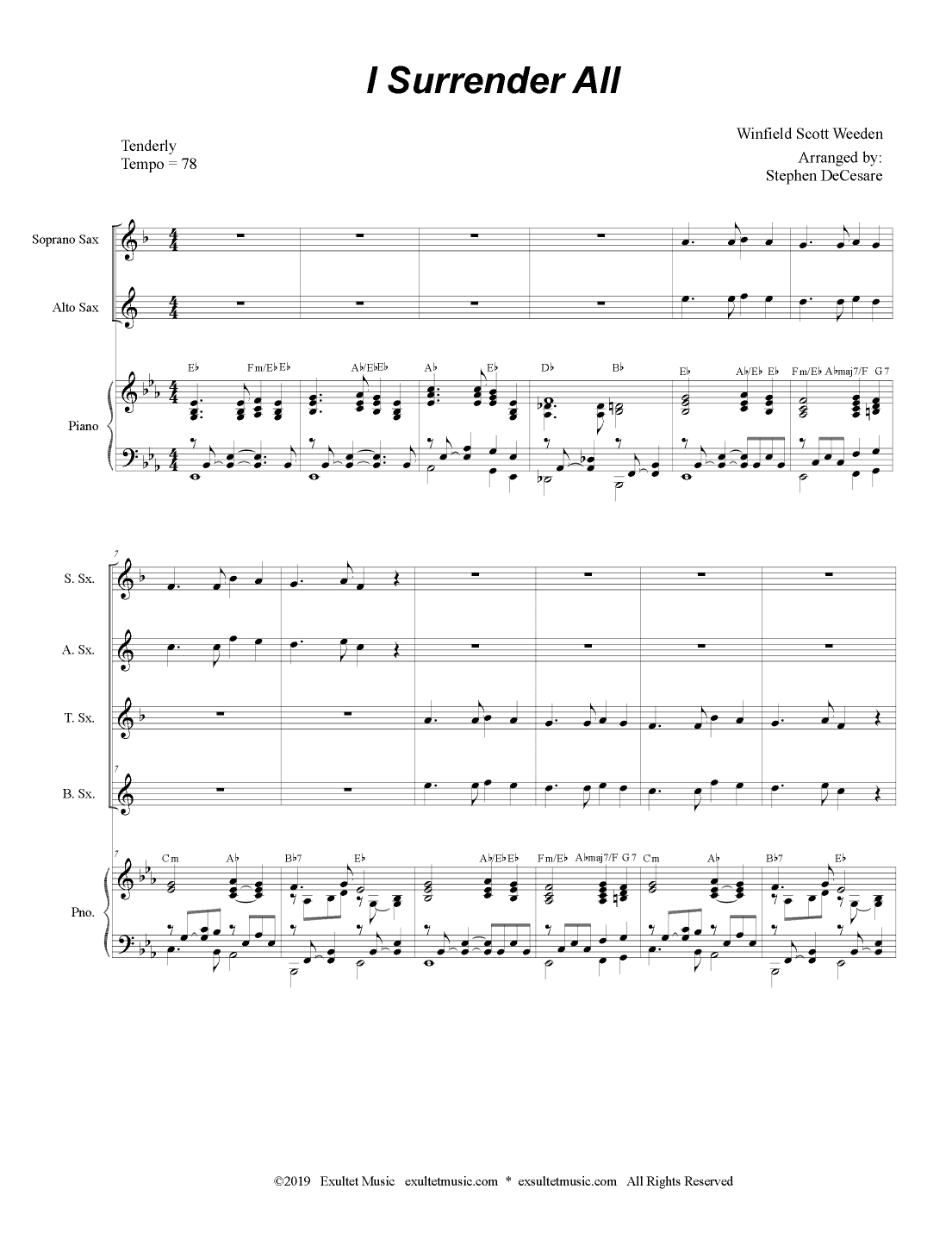 I Surrender All (Saxophone Quartet and Piano) (arr. Stephen DeCesare)