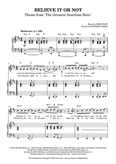 Believe It Or Not (theme From "the Greatest American Hero") (arr. an3ss piano)