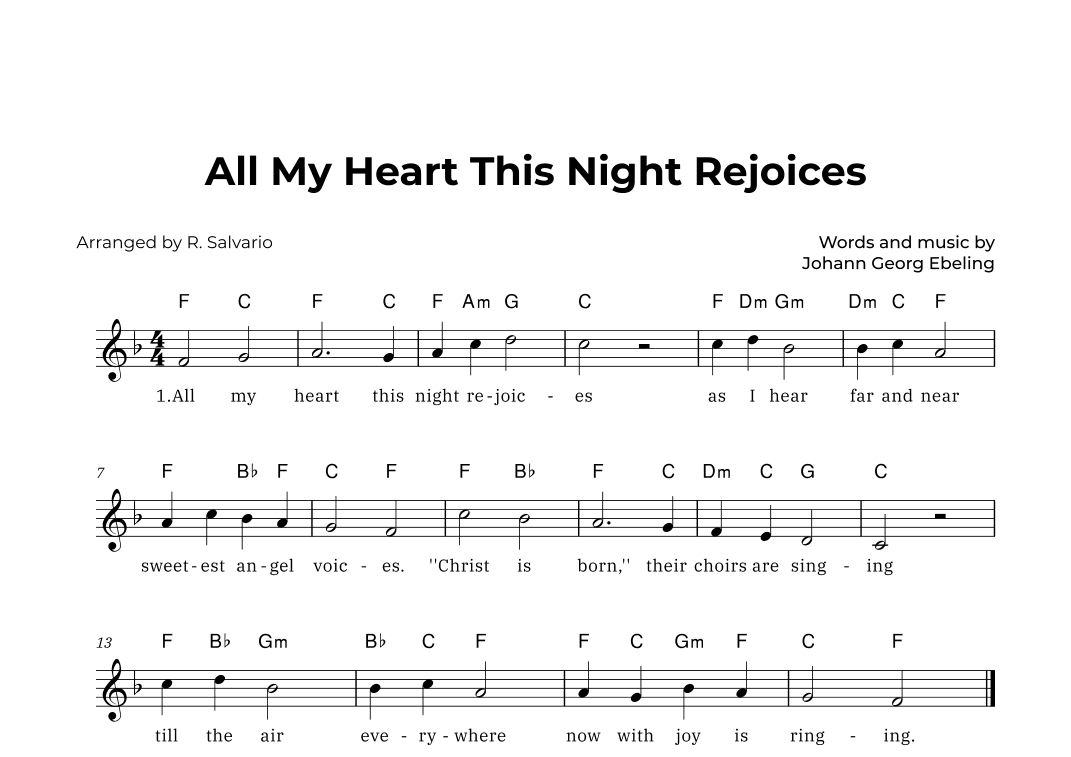 All My Heart This Night Rejoices (Key of F Major) (arr. R. Salvario)