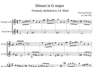 Minuet in G major, BWV Anh.114 (Petzold, Christian) for Trumpet in Bb & French Horn (arr. Toni Nita)