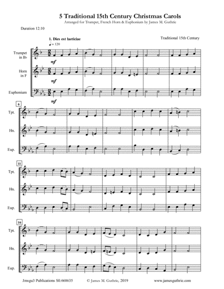 5 Traditional 15th Century Christmas Carols for for Trumpet, Horn & Euphonium (arr. James M. Guthrie, ASCAP)