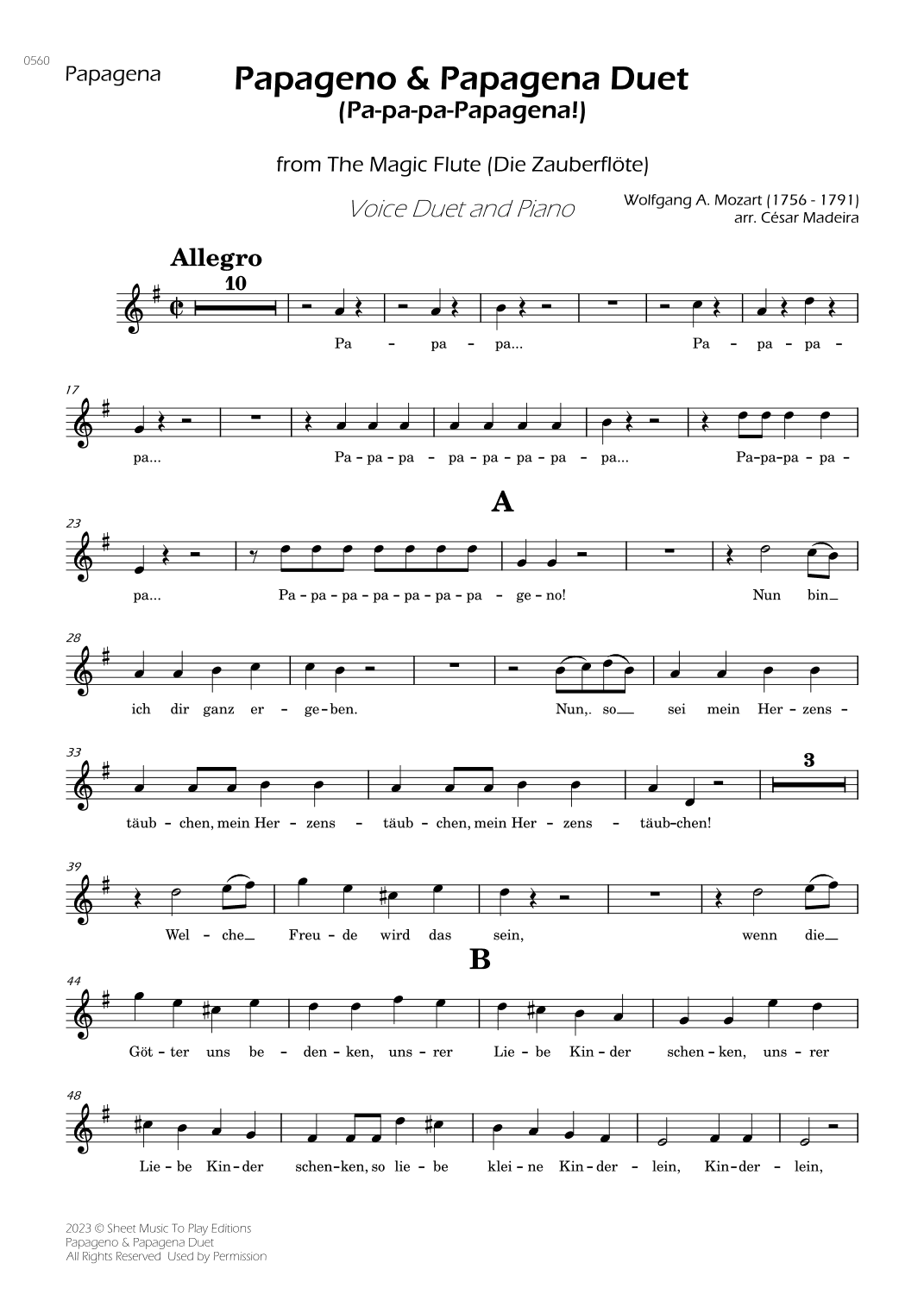 Papageno and Papagena Duet - Voice Duet and Piano (Individual Parts) (arr. César Madeira)