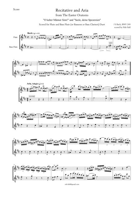 J S Bach Recit. and Aria from The Easter Oratorio, BWV 249, Duet for Flute and Bass Instrument (Bass (arr. Nils Fahl)