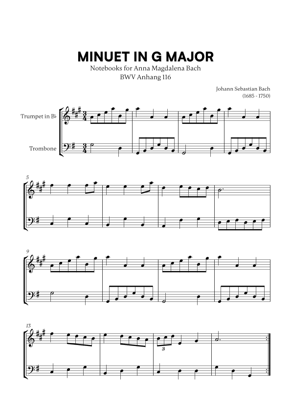 Minuet in G Major (BWV Anh. 116) (for Trumpet and Trombone) (arr. Cadenza Editions)