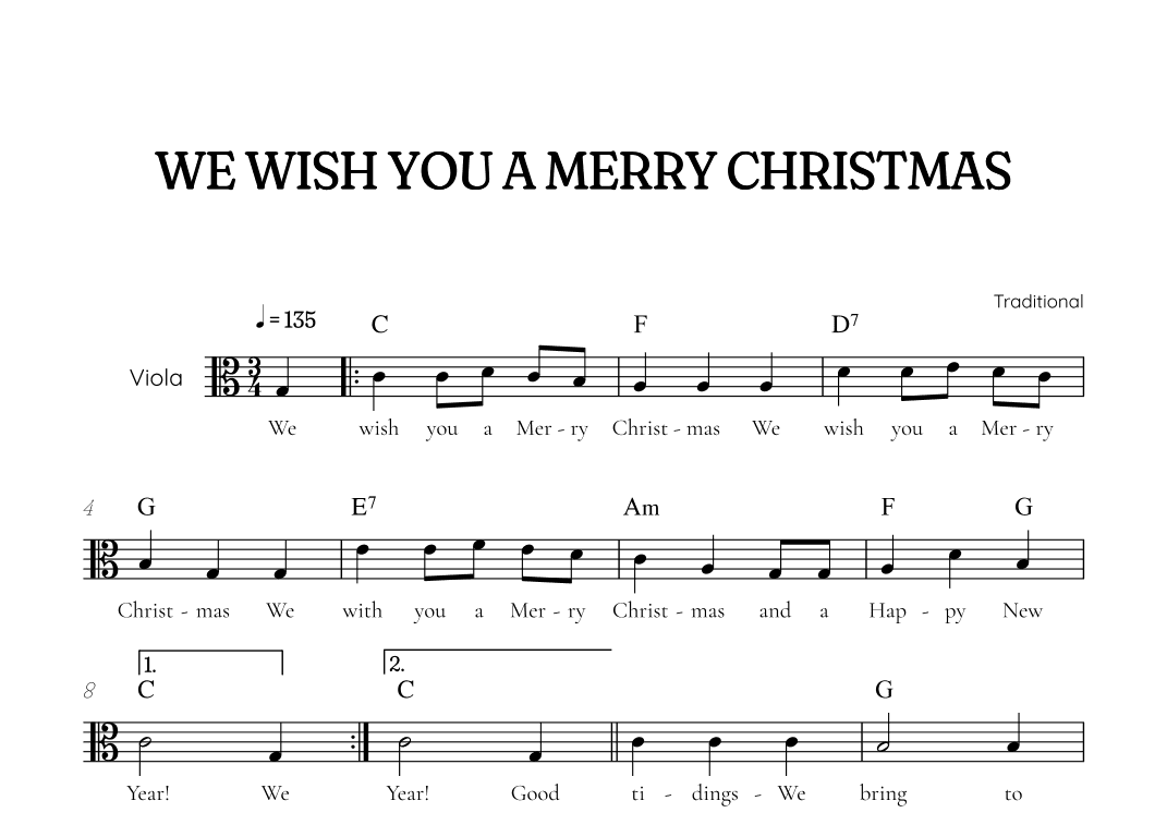 We Wish You a Merry Christmas for viola • easy Christmas sheet music with chords and lyrics (arr. Benzaiten Editions)