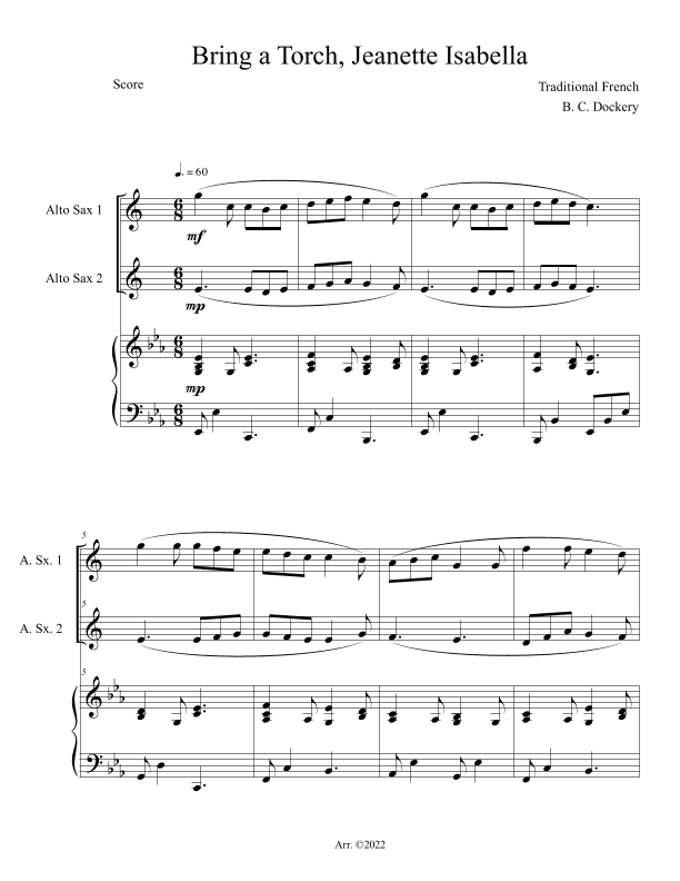 Bring a Torch, Jeanette Isabella (Alto Sax Duet with Piano Accompaniment) (arr. B. C. Dockery)
