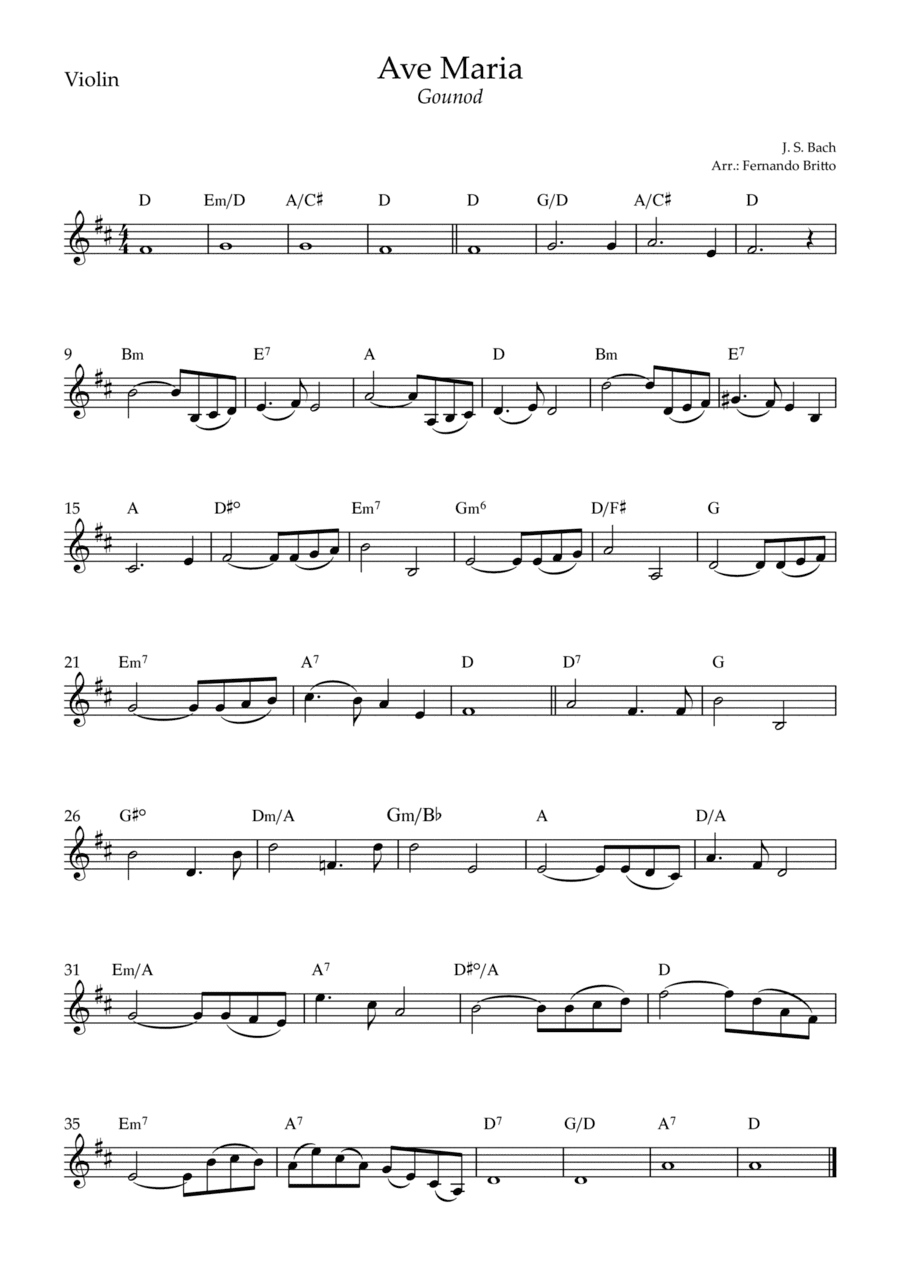 Ave Maria (Gounod) for Violin Solo with Chords (D Major) (arr. Fernando Britto)