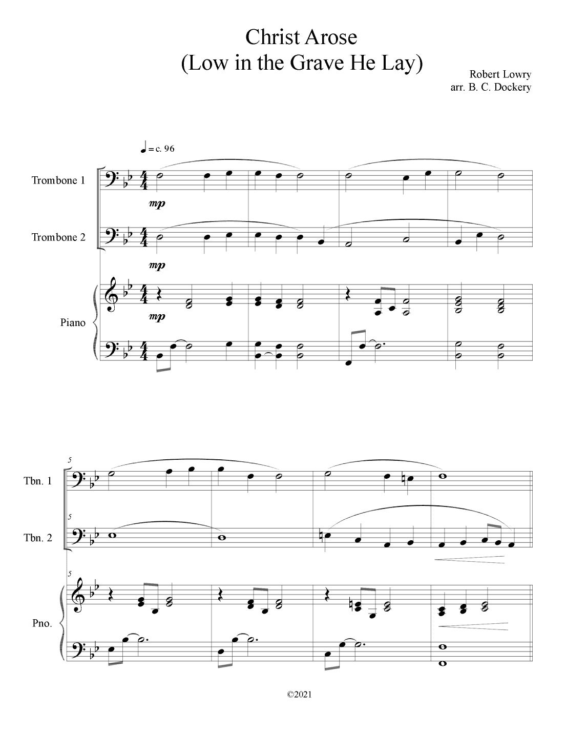 Christ Arose (Low in the Grave He Lay) for Trombone Duet with Piano Accompaniment (arr. B. C. Dockery)