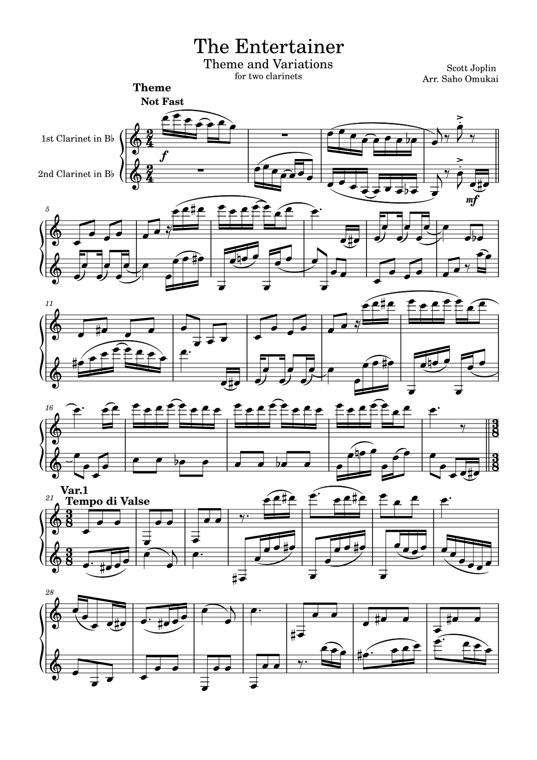 Scott Joplin: The Entertainer Theme and Variations for two Clarinets. (arr. Saho Omukai)
