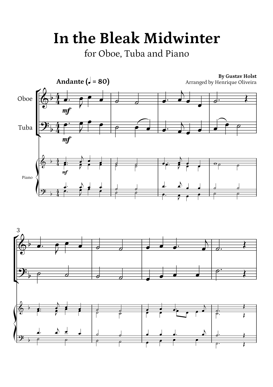 In the Bleak Midwinter (Oboe, Tuba and Piano) - Beginner Level (arr. Henrique Oliveira)