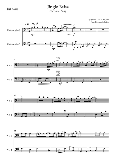Jingle Bells - Jazz Version (Christmas Song) for Cello Duo (arr. Fernando Britto)