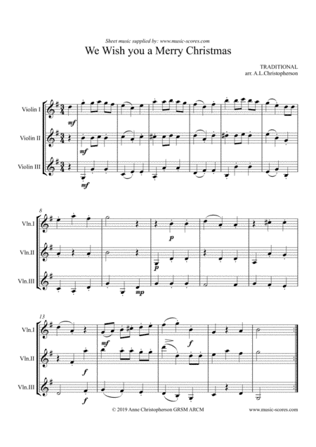 We Wish you a Merry Christmas - 3 Violins (arr. Anne L Christopherson GRSM ARCM)