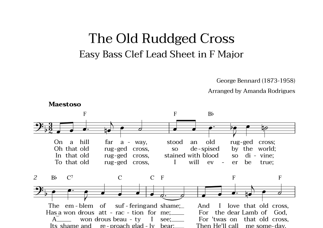 The Old Rugged Cross in F Major - Easy Bass Clef Lead Sheet (arr. Amanda Cerqueira Rodrigues)