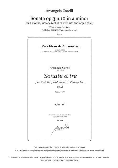 Corelli, Sonata op.3 n.10 in a minor (arr. Alessandro Bares)