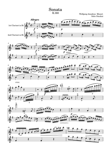 W.A Mozart: Sonata K380 for two clarinets. (arr. Saho Omukai)