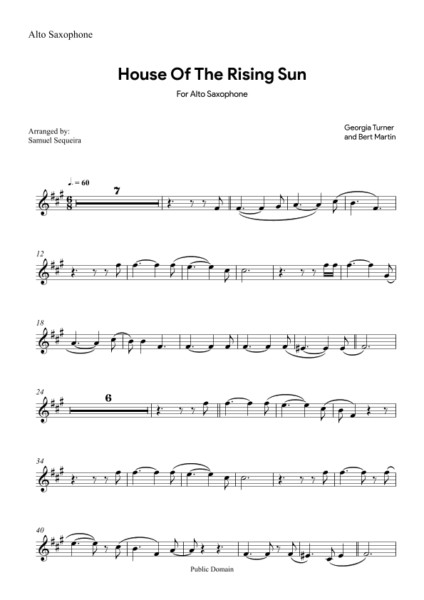 House of the Rising Sun - for Alto Saxophone - with play along (arr. Samuel Sequeira)