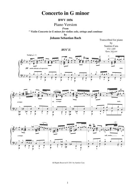 J.S.Bach - Violin Concerto in G minor BWV 1056 - mov 2 Largo - Piano solo (arr. Santino Cara)