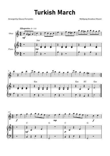 Turkish March by Mozart - Oboe and Piano with Chord Notations (arr. Glauco Fernandes)
