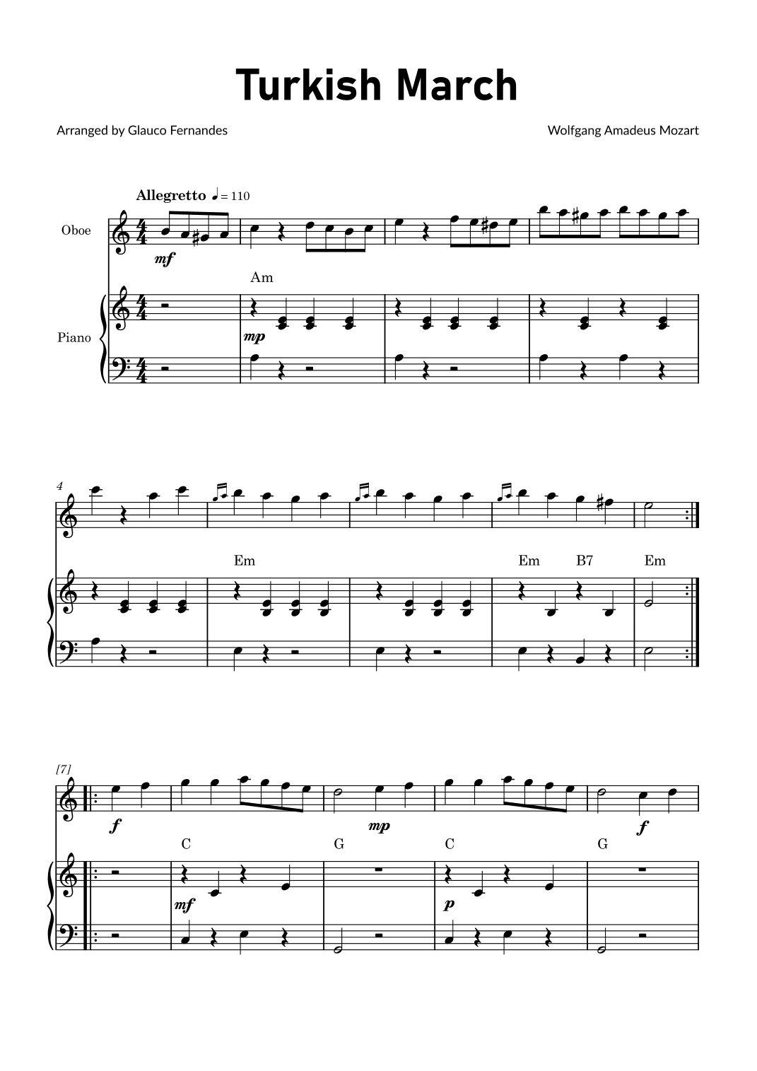 Turkish March by Mozart - Oboe and Piano with Chord Notations (arr. Glauco Fernandes)