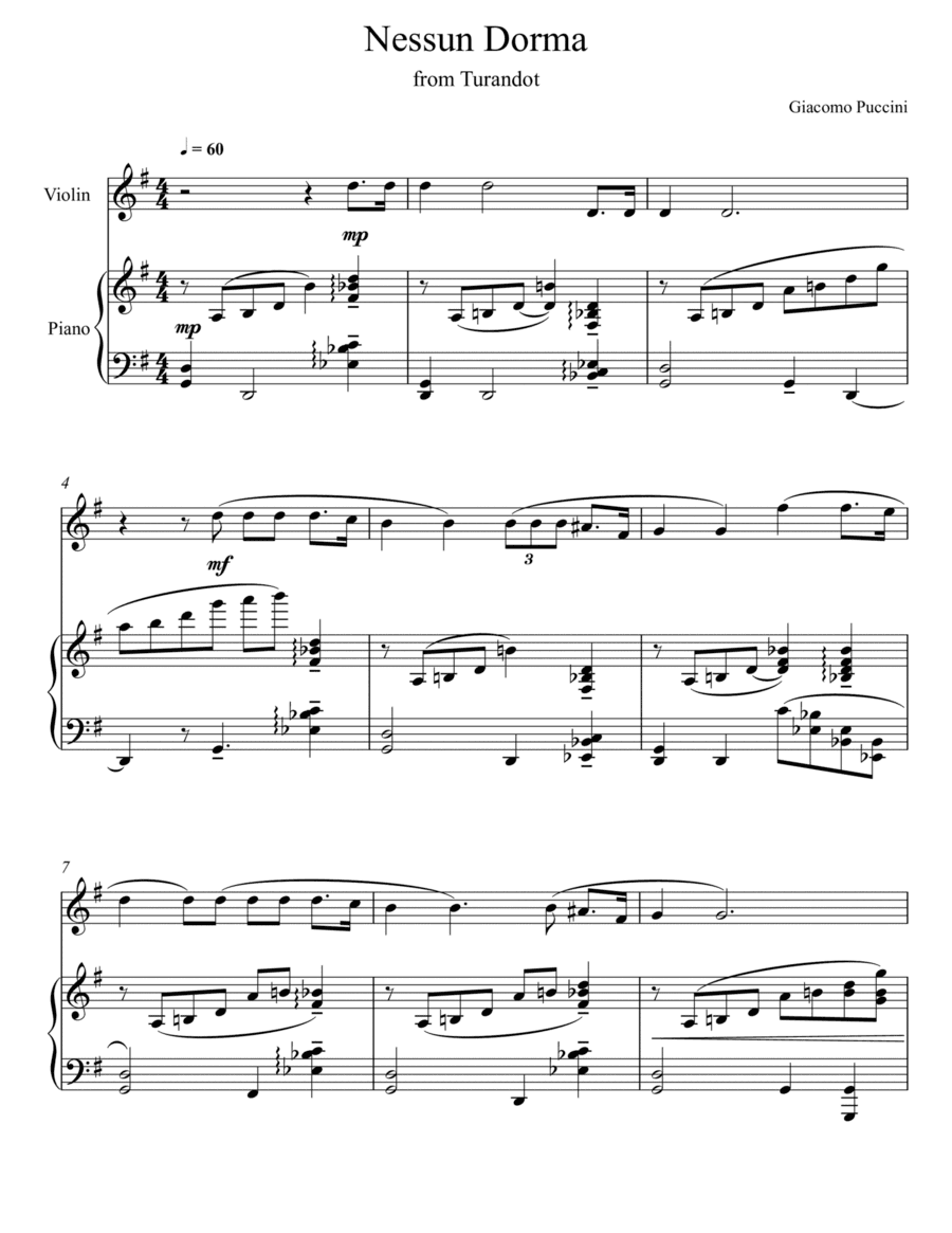 Giacomo Puccini - Nessun Dorma - Turandot (Violin Solo) (arr. André Laitano)