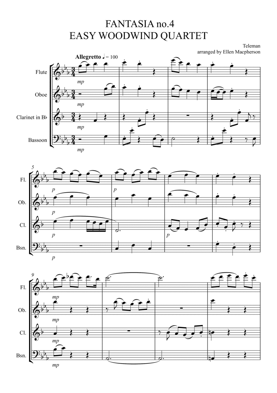 Fantasia by Teleman for Easy WoodWind Quartet (arr. Ellen Macpherson)
