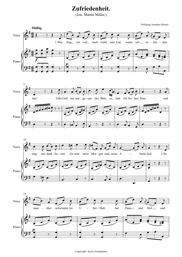 Die Zufriedenheit K349a for Medium Voice (Original key, G major, 6 verses) (arr. Score Animations)