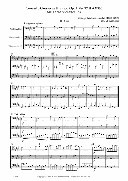 Aria from Concerto Grosso, Op.6-12 HWV330 for Three Violoncellos (arr. Kamada. Mikio)