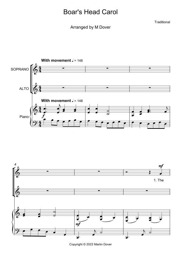 The Boar's Head Carol - 2 Part Choir - SA - Upper Voices (arr. Martin Dover)