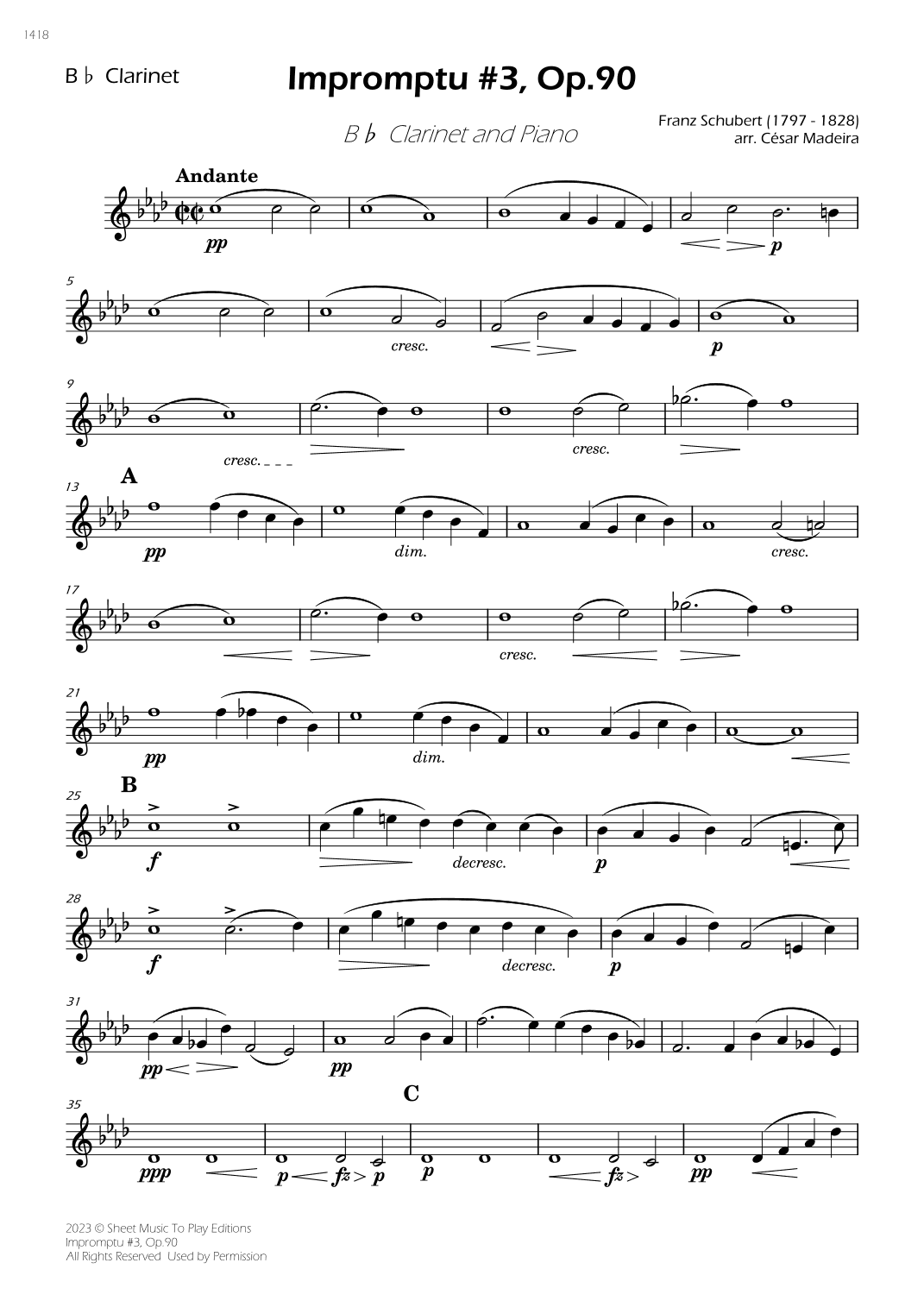 Impromptu No.3, Op.90 - Bb Clarinet and Piano (Individual Parts) (arr. César Madeira)