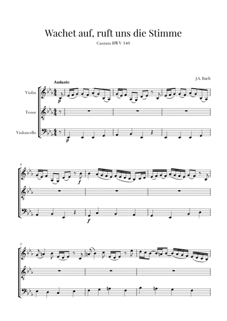 Bach - Wachet auf, ruft uns die Stimme BWV 140 (for Violin, Tenor and Cello) (arr. Cadenza Editions)