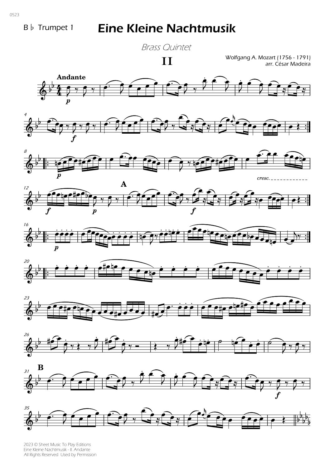 Eine Kleine Nachtmusik (2 mov.) - Brass Quintet (Individual Parts) (arr. César Madeira)
