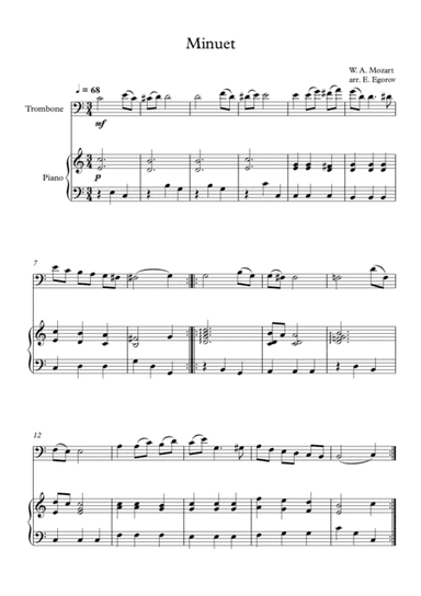 Minuet (In C Major), Wolfgang Amadeus Mozart, For Trombone & Piano