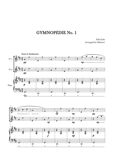 Gymnopédie no 1 | Flute Duet | Original Key| Piano accompaniment |Easy intermediate (arr. Milanov)