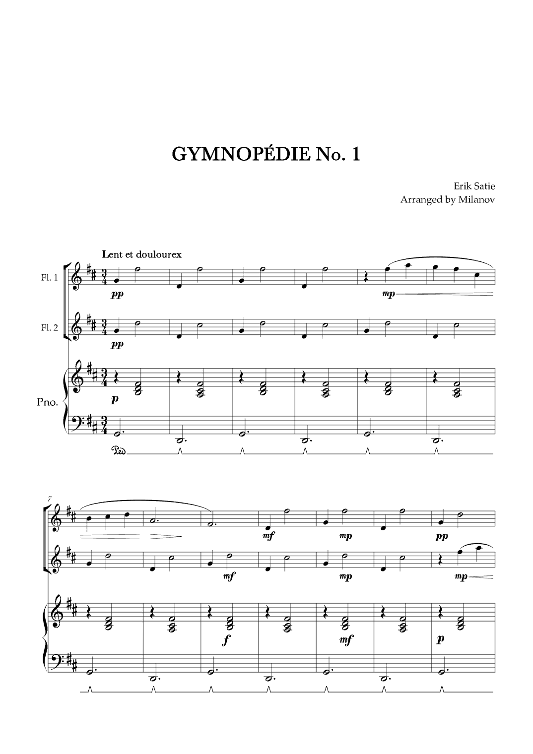 Gymnopédie no 1 | Flute Duet | Original Key| Piano accompaniment |Easy intermediate (arr. Milanov)